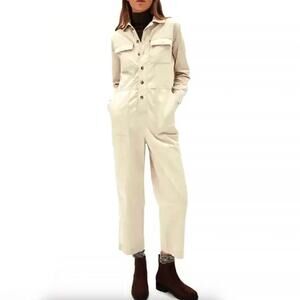 Everlane Khaki Beige Cotton Utility Long Sleeve Belted Jumpsuit Coverall Size 2‎